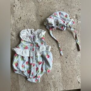 Tommy Bahama Strawberry Print Baby Romper with Matching Bonnet - White/Blue/Red